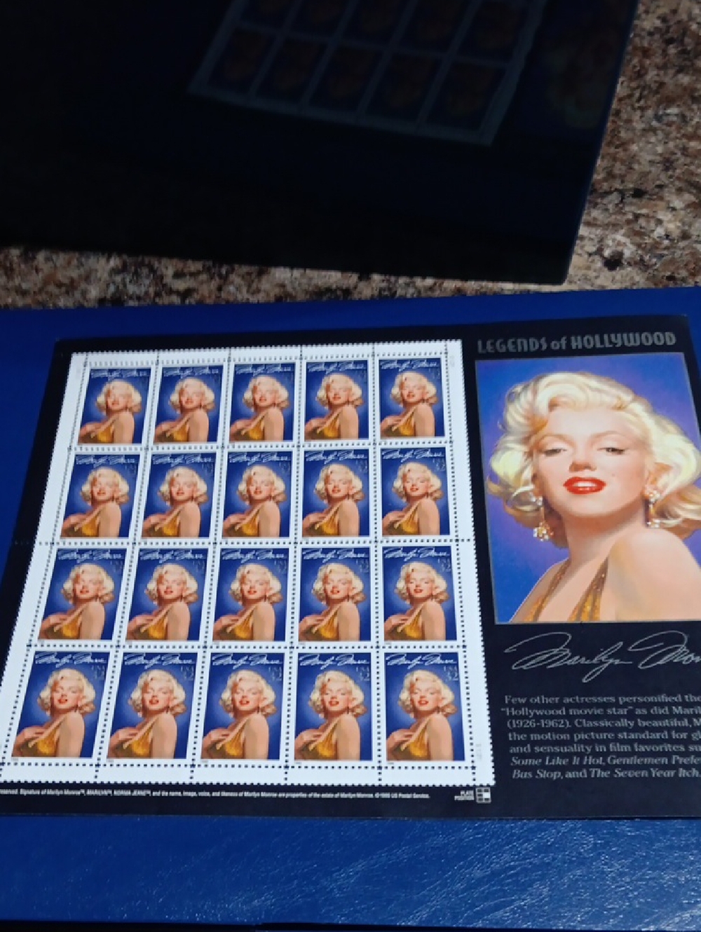 Marilyn Monroe Stamp Sheet - Blue and Gold